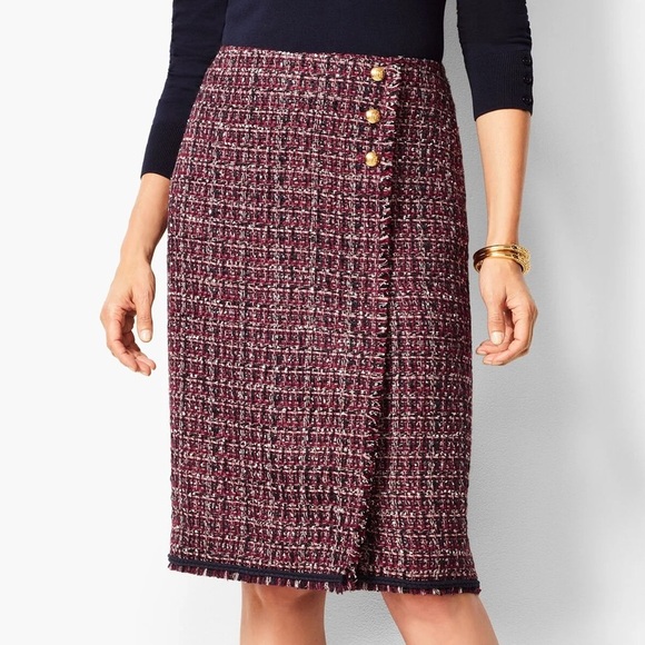 Talbots Women 10 Burgundy Tweed Fringe Hem Button Faux Wrap Pencil Skirt - Picture 1 of 11